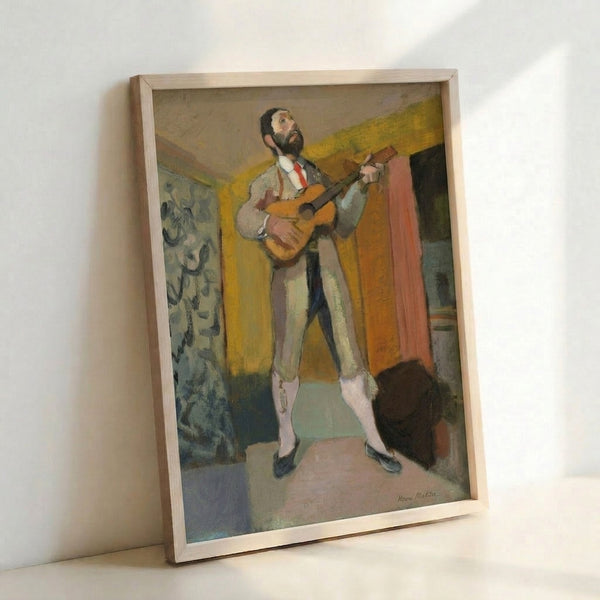 Abstract portrait of a musician in Matisse's cubist technique, rendered in soft watercolor palette with interlocking geometric shapes and expressive color blocking.