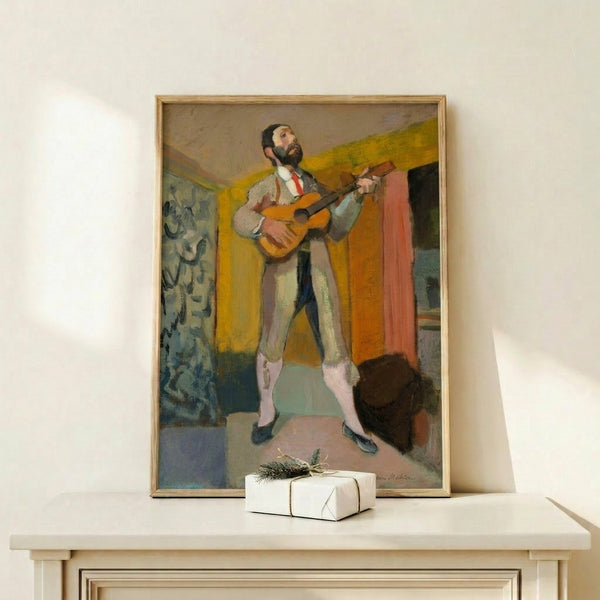 Contemporary wall art print depicting a standing guitarist through fragmented cubist composition, balancing warm and cool tones in Matisse's characteristic modernist approach.