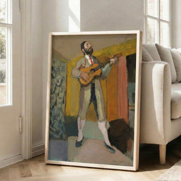 Framed Matisse poster presenting an abstract guitarist with overlapping geometric planes in a sophisticated watercolor palette perfect for modern home décor.