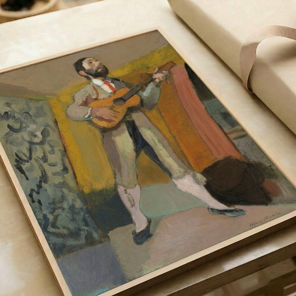 Cubist art print of a standing musician by Matisse, featuring organic abstraction and layered color relationships in muted blues, greens, and earth tones.