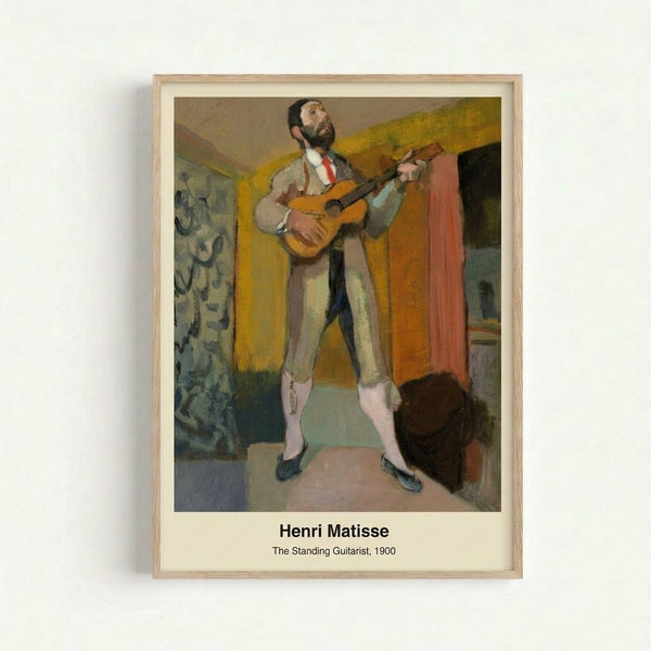 Modernist line drawing of a male musician holding a guitar, featuring warm ochre and cool blue hues with sophisticated artistic expression.