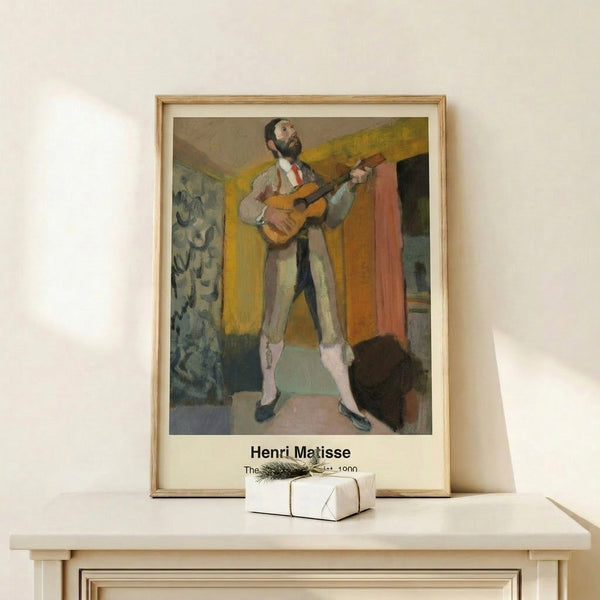 Standing musician portrayed through flowing black lines and geometric planes in ochre and blue; contemporary artistic interpretation as a framed print.