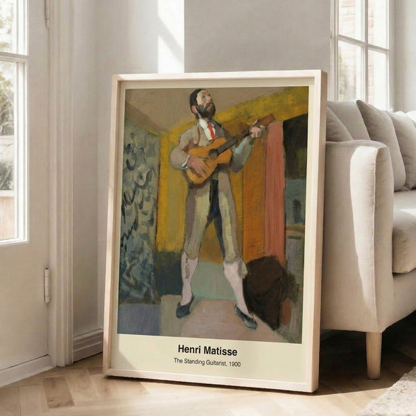 Contemplative portrait of a guitarist rendered in sophisticated line art with ochre, blue, and cream colors; modern wall poster.