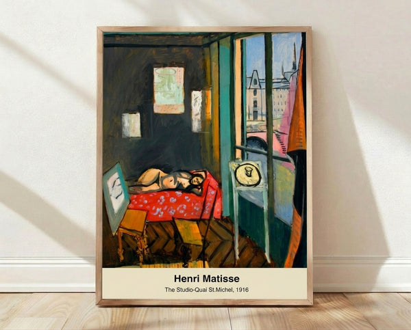 Matisse Impressionist painting of an artist's studio overlooking Quai St Michel, featuring an easel, canvas, and model in ochre, blue, and earth tones, framed as a wall poster.