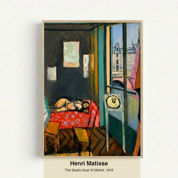 Modern art print depicting an intimate studio scene with a window view of the bridge and river, rendered in soft greens, blues, and warm ochres in contemplative Impressionist style.
