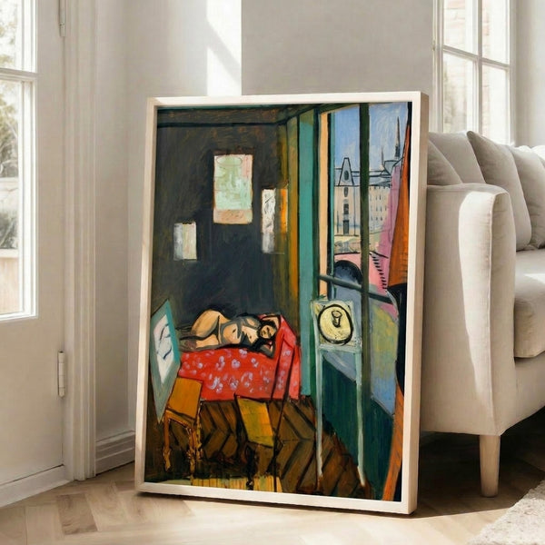 Matisse-inspired studio scene capturing artistic introspection through warm ochre walls, cool blue accents, and a view of Quai St Michel bridge, displayed as a modern wall print.