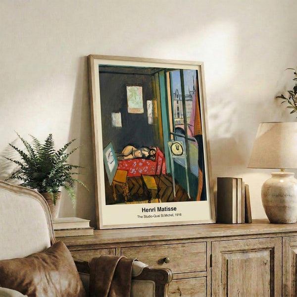 Contemporary art poster of a creative workspace with model and easel, rendered in soft impressionistic blues, greens, and earth tones, evoking contemplative artistic atmosphere.