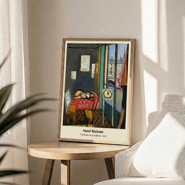 Impressionist-style studio artwork featuring chair, canvas, and figure near a window overlooking the Seine at Quai St Michel, in muted ochre and blue palette as framed wall art.