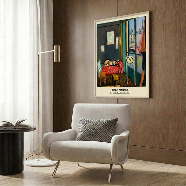 Modern poster of an intimate artist's studio interior with easel and model, composed in soft impressionistic tones of blue, green, and warm ochre, evoking peaceful creative space.