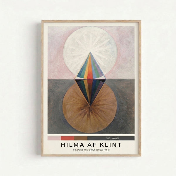 Spiritual Bauhaus-style print featuring sacred geometry in soft pink and cream with navy and orange accents, displaying overlapping circles and spiral forms.