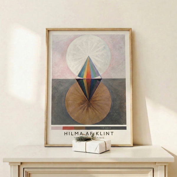 Transcendent abstract design with interconnected spirals, circles, and angular shapes in cream, brown, orange, and navy, characteristic of early 20th-century geometric abstraction.