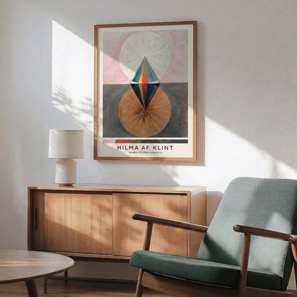 Sacred geometry abstract print featuring concentric circles, spiraling forms, and cone shapes in a harmonious palette of cream, pink, brown, orange, and navy blue.