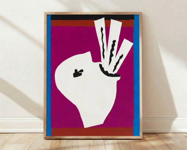 Abstract cutout lithograph poster featuring a sword swallower in bold geometric shapes and vibrant colors, modern minimalist wall art in framed display.
