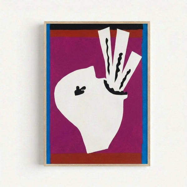 Framed poster of a stylized sword swallower composed of playful paper-cut forms in bright hues, representing a masterpiece of abstract cutout art.