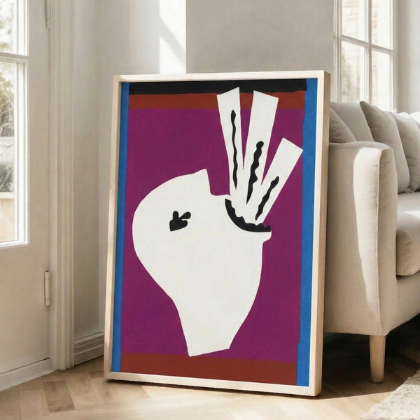 Bold abstract poster showcasing a sword swallower through overlapping cutout forms in a vibrant color palette, minimalist wall decor on display.