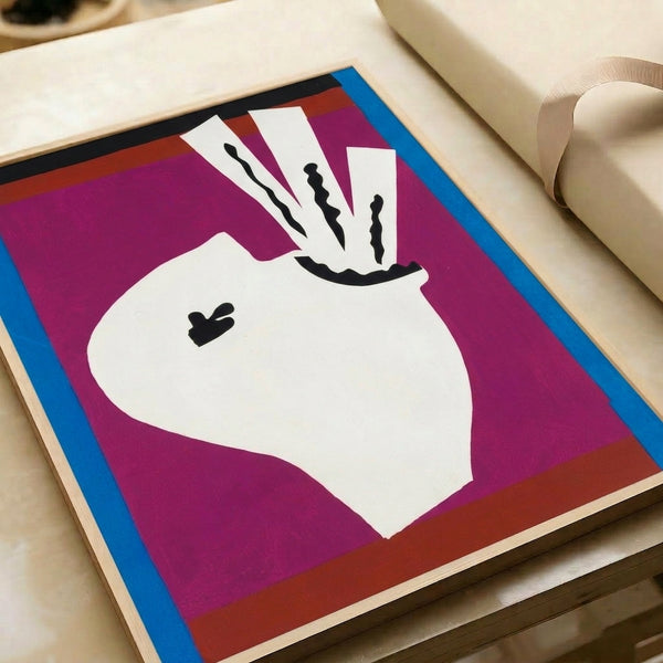 Abstract minimalist poster featuring a sword swallower design with bold cutout shapes and vibrant tones, presented as a framed gallery piece.