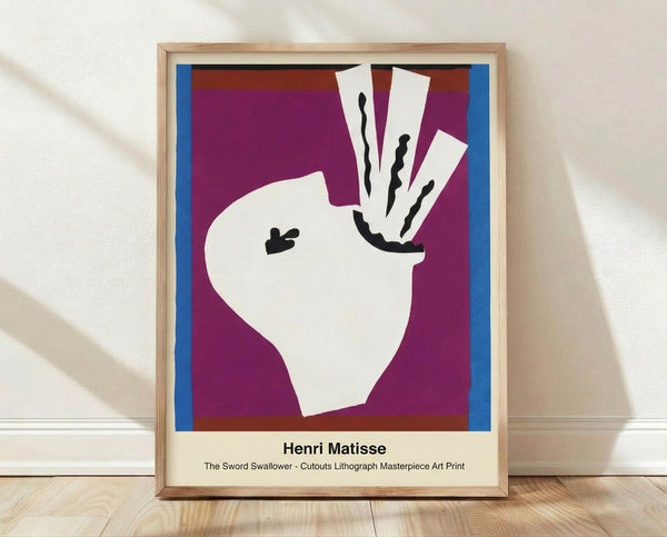 Abstract modernist poster featuring a stylized figure in bright red, yellow, and blue performing with a sword, displayed as a framed art print on a wall.