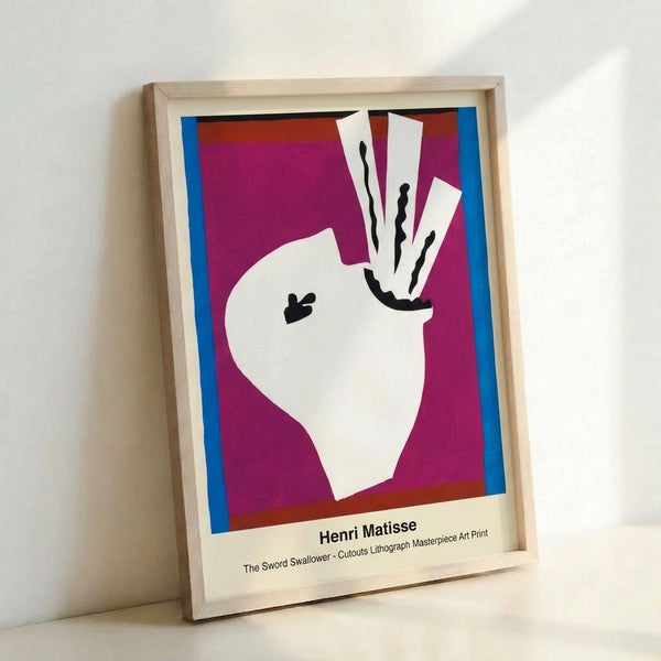Framed minimalist poster showcasing abstract shapes in primary colors and black representing a figure engaged with a sword in a dynamic pose.