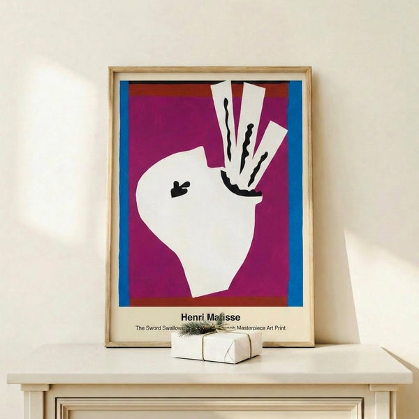 Playful modern art print with cut-out aesthetic featuring a sword swallower rendered in bright reds, yellows, and blues against white.