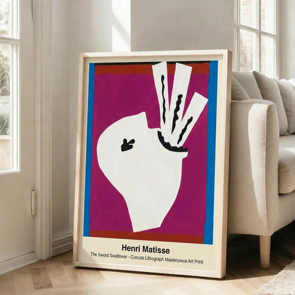 Bold abstract wall art depicting a stylized performer with a sword using vibrant primary colors and geometric cutout forms in a minimalist style.