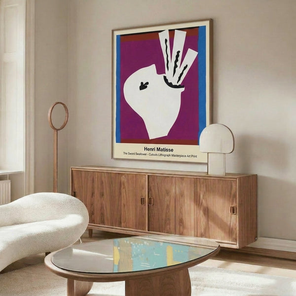 Energetic framed poster with abstract interpretation of a sword swallower using bright red, yellow, blue, and black shapes in a modern cutout technique.