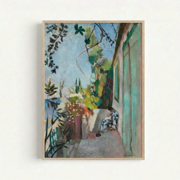 Matisse's The Terrace St Tropez art print showing a sunlit coastal scene with simplified forms and expressive color planes in modern fauve style, displayed as a framed wall poster.