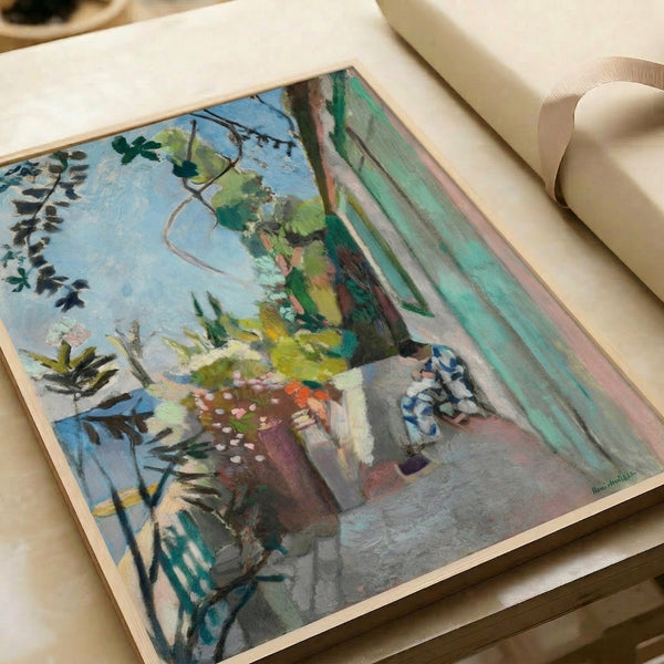 Art print of Henri Matisse's The Terrace St Tropez, a vibrant modernist scene capturing a sunlit Mediterranean terrace with bold color blocks and simplified forms.