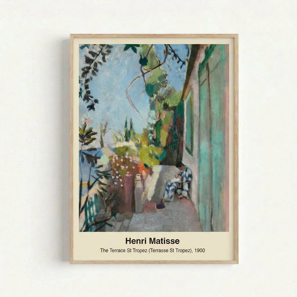 Bright, serene landscape art print of a St Tropez terrace overlooking the sea, rendered in bold olive green, yellow, and blue tones with relaxed Modern aesthetic.