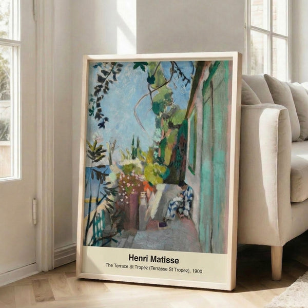 Modern impressionist art print of a coastal St Tropez scene with white buildings, cobalt sea, and golden light evoking Mediterranean tranquility.