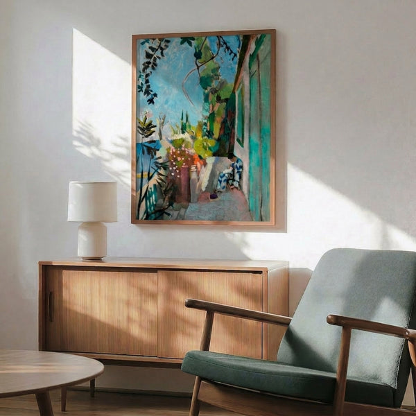 Impressionist-style wall art print of a serene Mediterranean terrace with sea view, buildings, and peaceful atmosphere in vibrant cobalt, yellow, and terracotta.