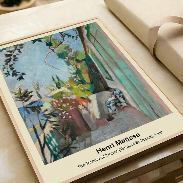 Vintage modern poster of the Terrace St Tropez with bold color composition—deep blues, sunlit yellows, and earthy tones capturing Mediterranean leisure.