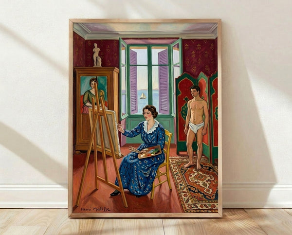 Matisse framed poster featuring a serene interior scene with warm ochre and soft blue tones, depicting a figure by a Mediterranean window during afternoon light.