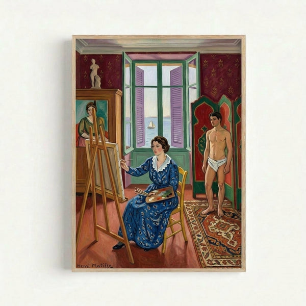 Modern art print in muted earth tones and pale blues, showing a contemplative moment in a sunlit room with decorative patterns and window views characteristic of Nice period design.