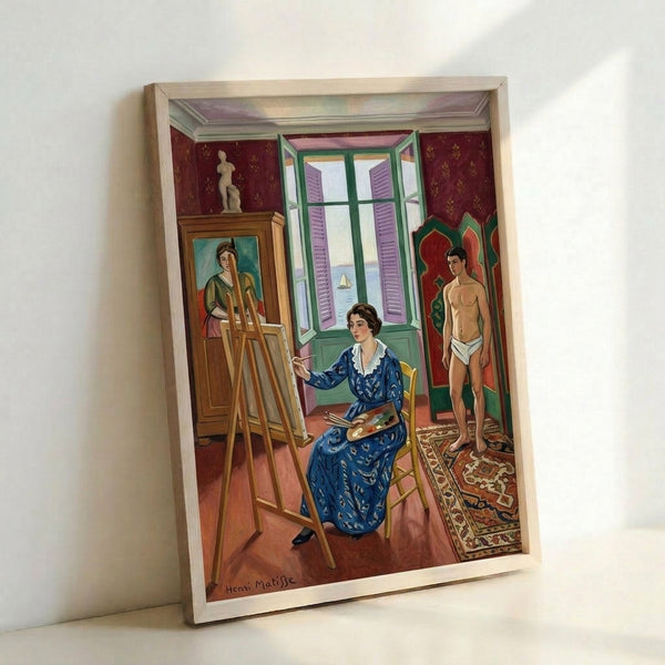 Framed artwork displaying an intimate interior composition with peachy walls and cool blue accents, capturing the quiet elegance of early 20th-century Mediterranean living spaces.