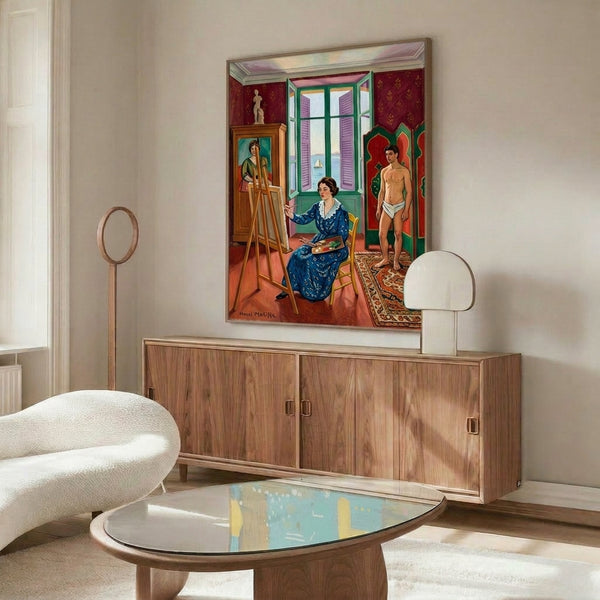 Poster featuring a calm domestic scene rendered in warm beige and soft blue, with abstracted furnishings and window light creating a sense of serene afternoon stillness.