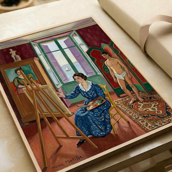 Framed modern art depicting a relaxed interior moment in muted earth and sky tones, blending figuration with decorative pattern in the style of early modernist French design.