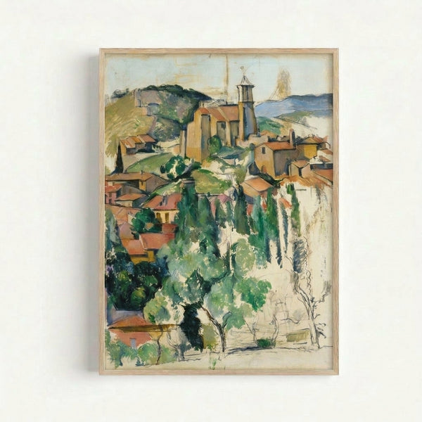 Cezanne's cubist-inspired townscape of Gardanne featuring interlocking buildings and vegetation rendered in warm browns, creams, and muted greens, displayed as framed poster art.