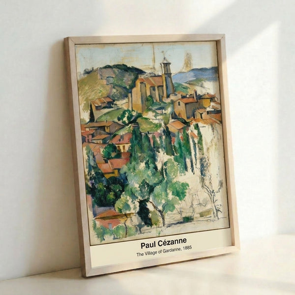 Modernist village scene with stacked rooflines and layered hills in earthy ochre and cool slate tones, reflecting Cezanne's geometric approach to Provençal landscape.