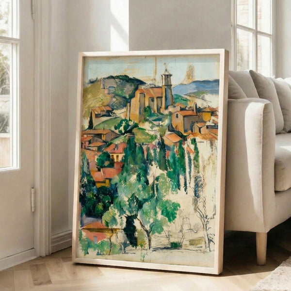 Framed abstract Impressionist view of Gardanne's clustered architecture and rolling terrain, composed of warm and cool earth tones in contemplative, structured brushwork.