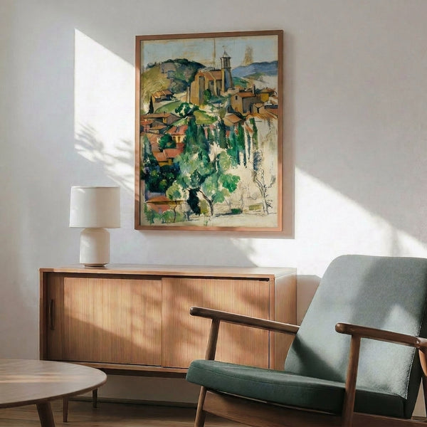 Cezanne's geometrically resolved Provençal townscape in ochre, olive, and blue hues, showing the village of Gardanne as an interplay of simplified forms and natural light.