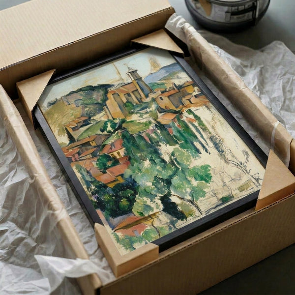 Contemplative landscape poster depicting Gardanne's interlocking roofs and hills through Cezanne's characteristic cubist lens, rendered in harmonious earth and slate tones.