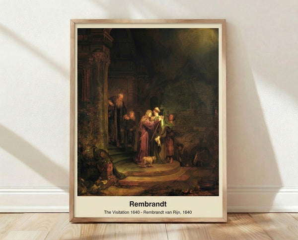 Rembrandt's The Visitation, a spiritual biblical scene featuring figures in an interior bathed in warm golden light and deep shadows, rendered in rich ochre and brown tones.