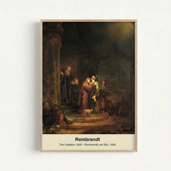 Framed impressionist poster of Rembrandt's The Visitation showing two women in fabric garments meeting in candlelit interior space with contemplative, intimate mood.
