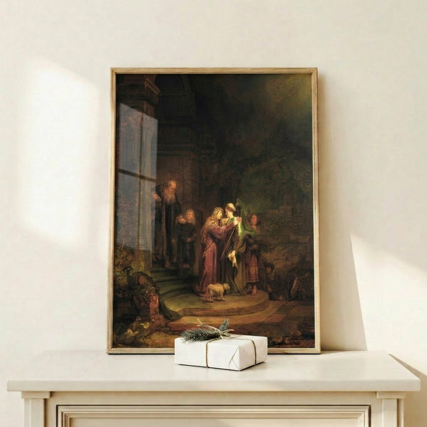 Rembrandt's spiritual masterpiece The Visitation as a wall-mounted art print, capturing an intimate encounter between robed figures in candlelit dramatic chiaroscuro.