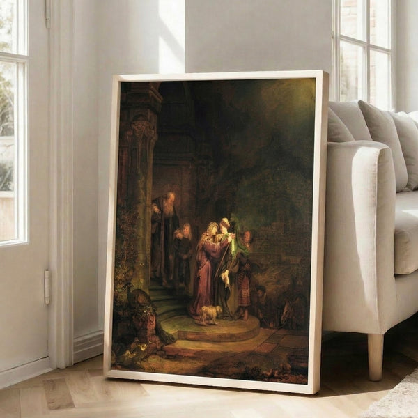 Classic impressionist interpretation of The Visitation featuring figures illuminated by soft golden light against deep shadows and ochre-toned interior setting.