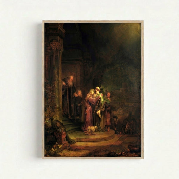 Framed art print of Rembrandt's The Visitation, depicting a tender moment between two figures in seventeenth-century style with rich browns and amber hues.