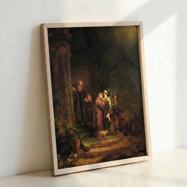 Classic Rembrandt masterpiece The Visitation rendered as a wall-mounted poster, showcasing the artist's masterful use of shadow and light in earthy tones.