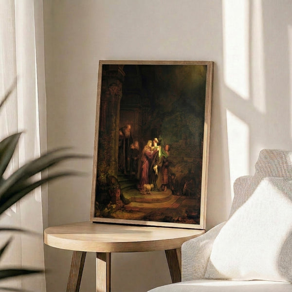 Rembrandt's The Visitation poster art, a historically significant Dutch Golden Age painting with dramatic lighting and a palette of deep golds and shadows.