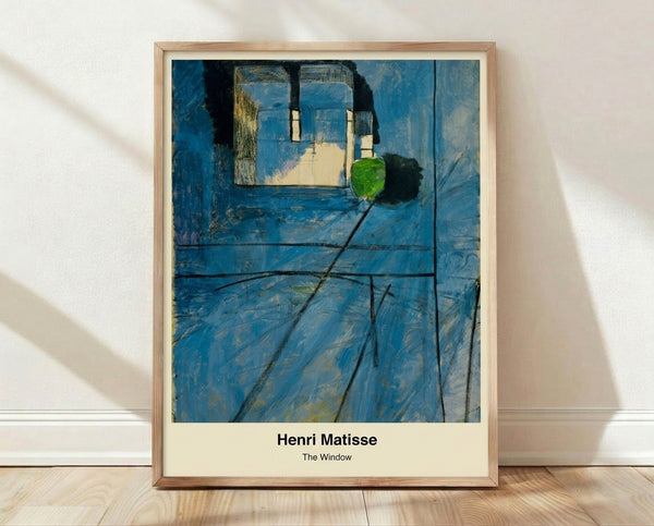 Minimalist abstract poster of a window with soft blue, black, and white tones, evoking a contemplative mood in a framed artwork.