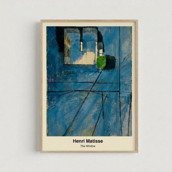 Luminous modern art print featuring geometric window composition in cool grays and blues, creating a meditative aesthetic on the wall.